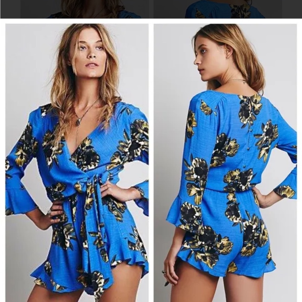 Free People Blue Jumpsuit with Floral Print and V-Neck